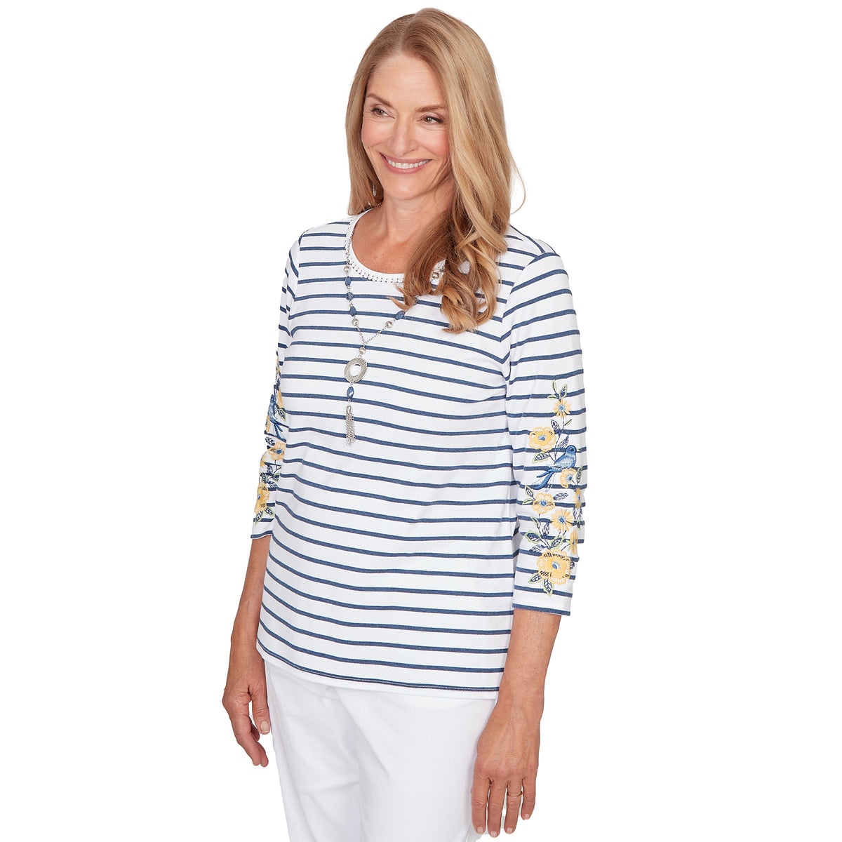 Dressbarn Best Seller | Alfred Dunner Floral Embroidered Stripe Top with Necklace