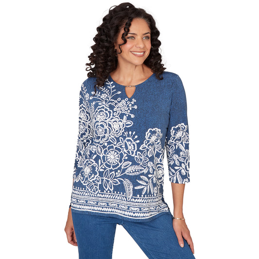 Dressbarn Recommended | Alfred Dunner Floral Border Embroidered Split Neck Top