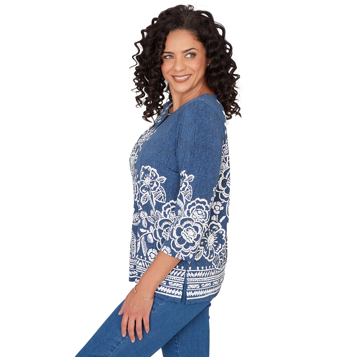 Dressbarn Recommended | Alfred Dunner Floral Border Embroidered Split Neck Top