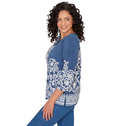 Dressbarn Recommended | Alfred Dunner Floral Border Embroidered Split Neck Top