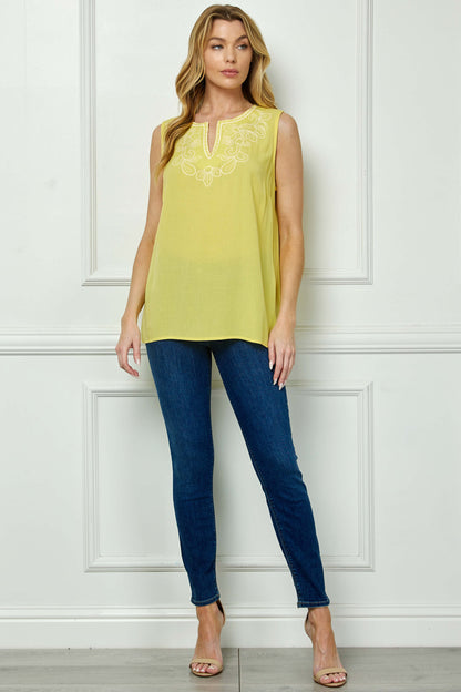 Dressbarn New | Sleeveless Embroidered Yoke Split Neck Blouse in Yellow