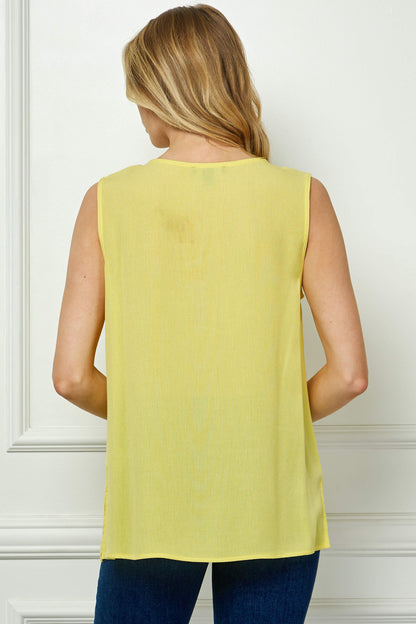 Dressbarn New | Sleeveless Embroidered Yoke Split Neck Blouse in Yellow