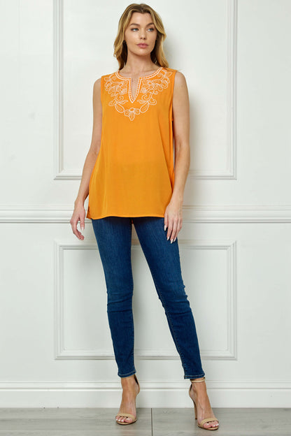 Dressbarn Featured | Sleeveless Embroidered Yoke Split Neck Blouse in Orange
