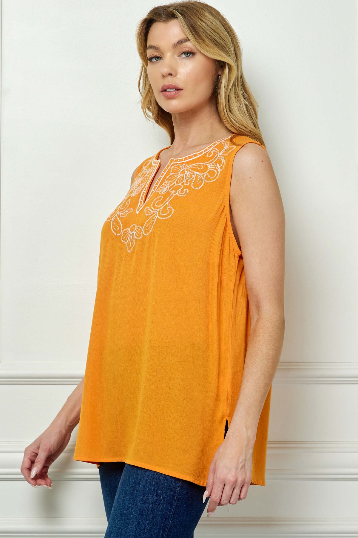 Dressbarn Featured | Sleeveless Embroidered Yoke Split Neck Blouse in Orange