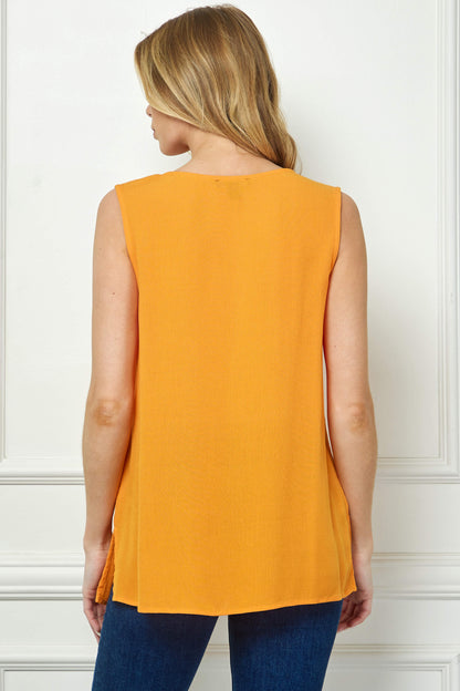 Dressbarn Featured | Sleeveless Embroidered Yoke Split Neck Blouse in Orange