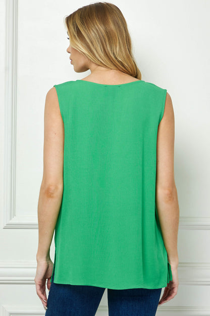 Dressbarn Popular | Sleeveless Embroidered Yoke Split Neck Blouse in Kelly Green