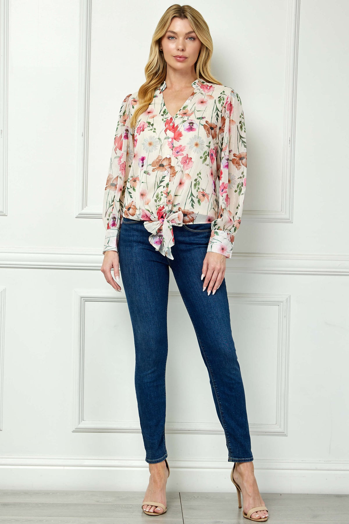 Dressbarn Trending | Long Cuff Sleeve V-Neck Button Front Tie Blouse in Beige