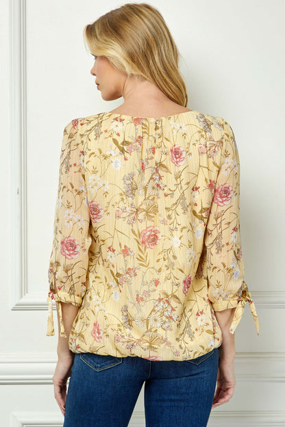 Dressbarn Best Seller | 3/4 Tie Sleeve Pleat Neck Studded Bubble Blouse in Yellow Floral