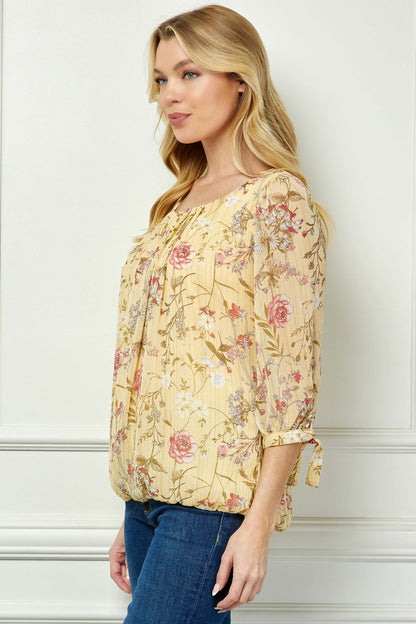 Dressbarn Best Seller | 3/4 Tie Sleeve Pleat Neck Studded Bubble Blouse in Yellow Floral