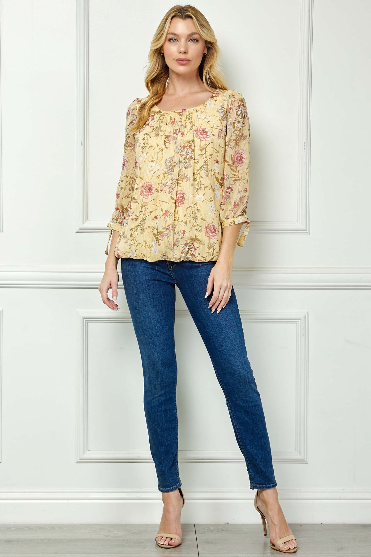 Dressbarn Best Seller | 3/4 Tie Sleeve Pleat Neck Studded Bubble Blouse in Yellow Floral