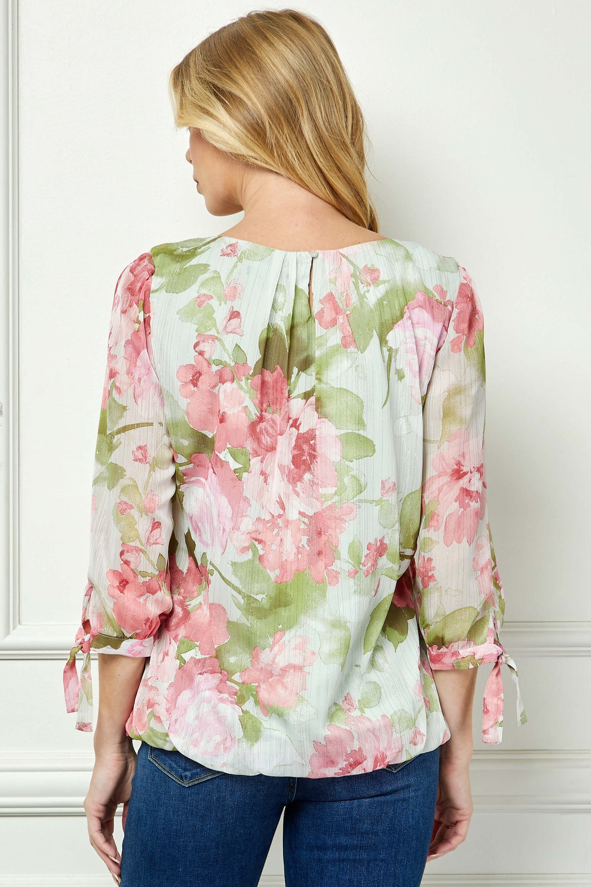 Dressbarn Recommended | 3/4 Tie Sleeve Pleat Neck Studded Bubble Blouse in Sage Watercolor