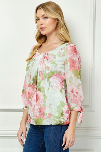 Dressbarn Recommended | 3/4 Tie Sleeve Pleat Neck Studded Bubble Blouse in Sage Watercolor