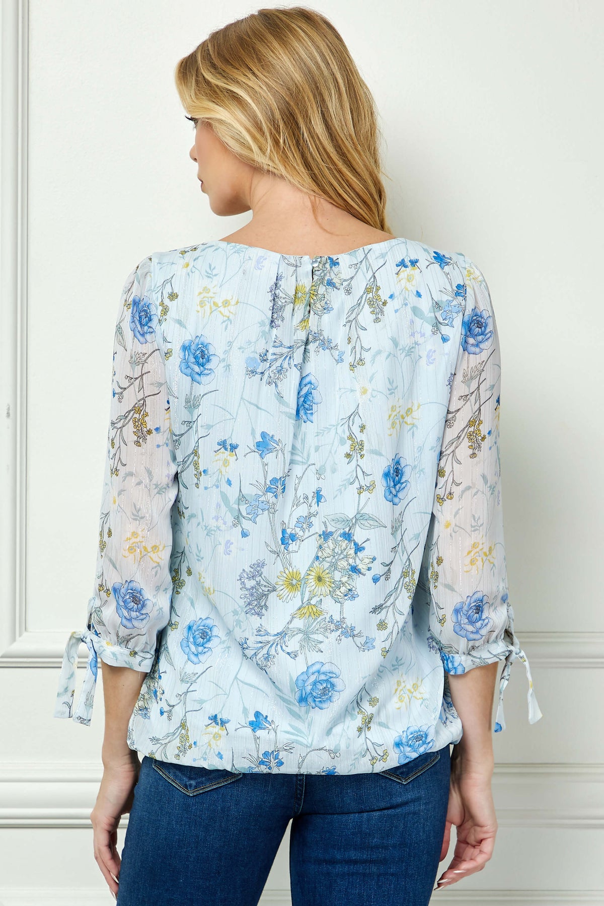 Dressbarn Premium | 3/4 Tie Sleeve Pleat Neck Studded Bubble Blouse in Light Blue Floral