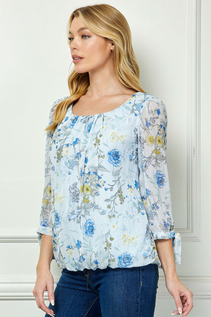 Dressbarn Premium | 3/4 Tie Sleeve Pleat Neck Studded Bubble Blouse in Light Blue Floral
