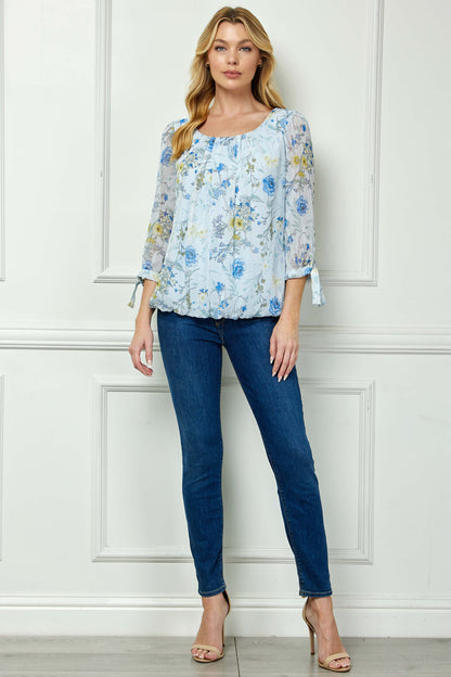 Dressbarn Premium | 3/4 Tie Sleeve Pleat Neck Studded Bubble Blouse in Light Blue Floral