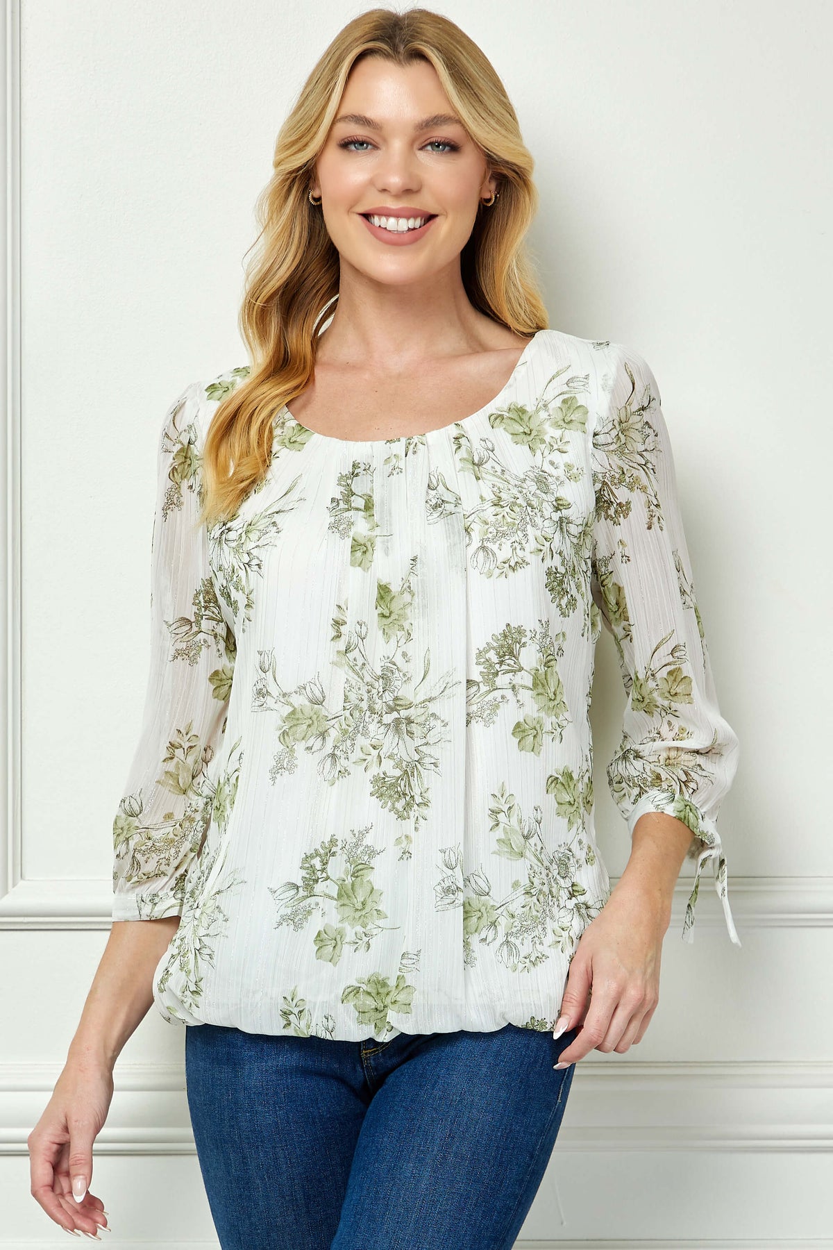 Dressbarn New | 3/4 Tie Sleeve Pleat Neck Studded Bubble Blouse in Ivory/Sage Sketch