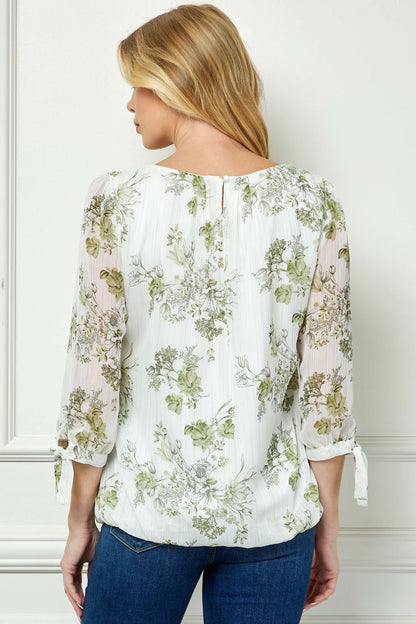 Dressbarn New | 3/4 Tie Sleeve Pleat Neck Studded Bubble Blouse in Ivory/Sage Sketch