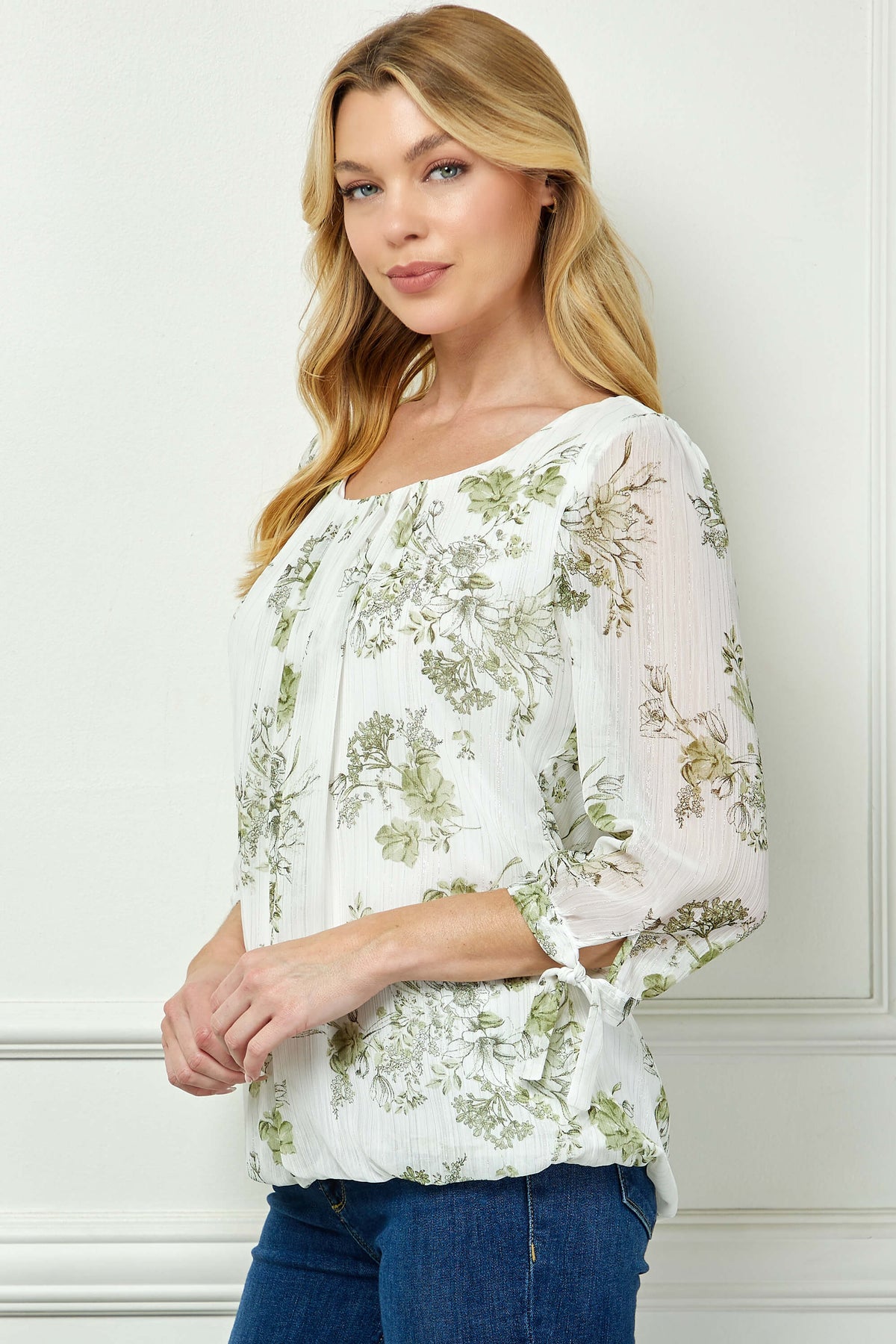 Dressbarn New | 3/4 Tie Sleeve Pleat Neck Studded Bubble Blouse in Ivory/Sage Sketch