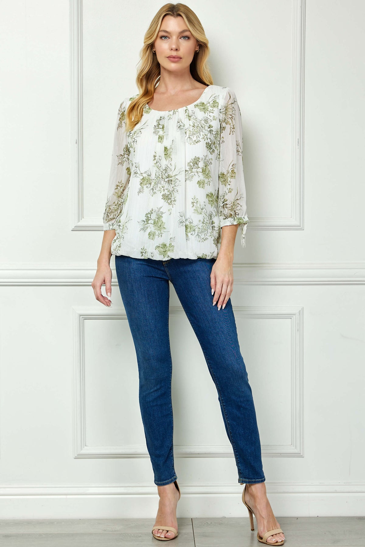 Dressbarn New | 3/4 Tie Sleeve Pleat Neck Studded Bubble Blouse in Ivory/Sage Sketch