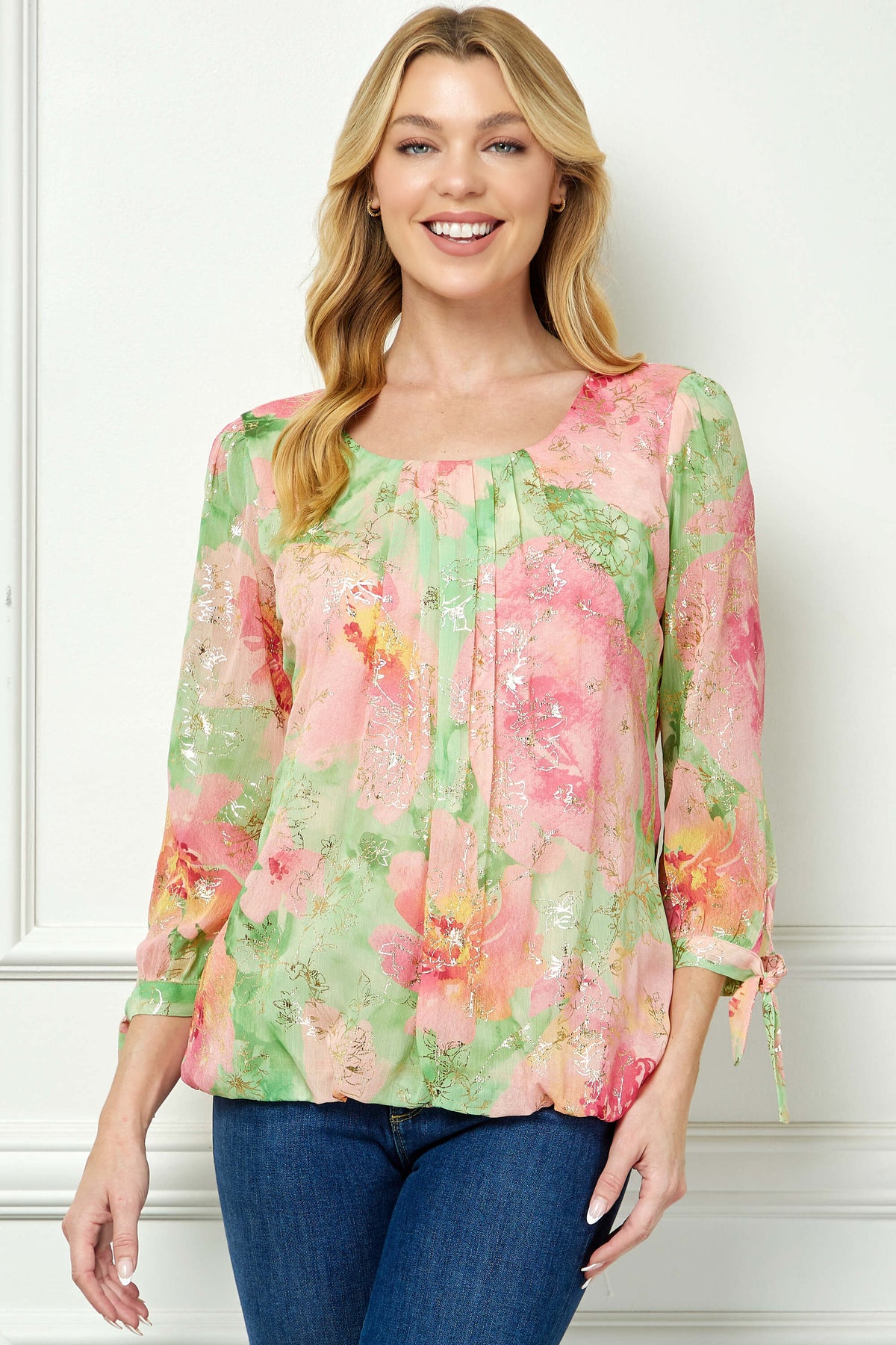 Dressbarn Featured | 3/4 Tie Sleeve Pleat Neck Floral Foil Bubble Blouse in Sage/Pink Watercolor