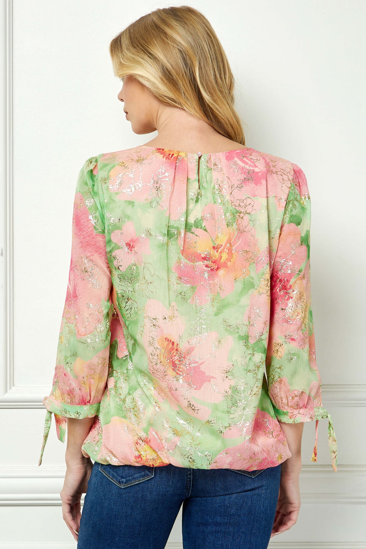 Dressbarn Featured | 3/4 Tie Sleeve Pleat Neck Floral Foil Bubble Blouse in Sage/Pink Watercolor
