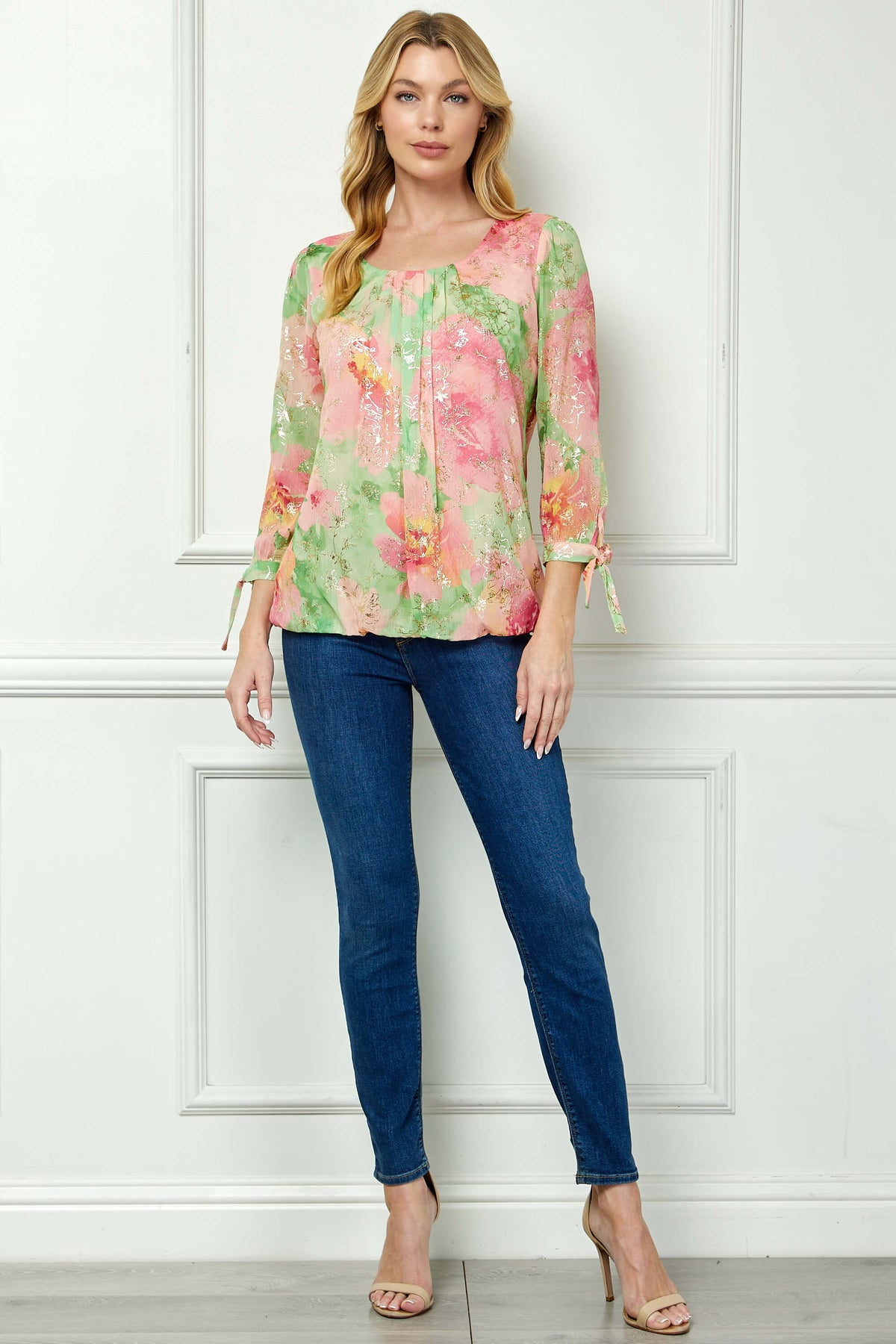 Dressbarn Featured | 3/4 Tie Sleeve Pleat Neck Floral Foil Bubble Blouse in Sage/Pink Watercolor