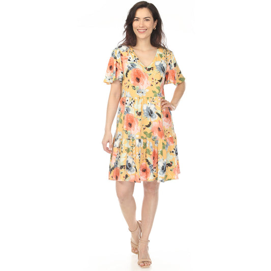 Dressbarn Premium | Women's V-Neck Vintage Floral Short Sleeve Dress - Yellow
