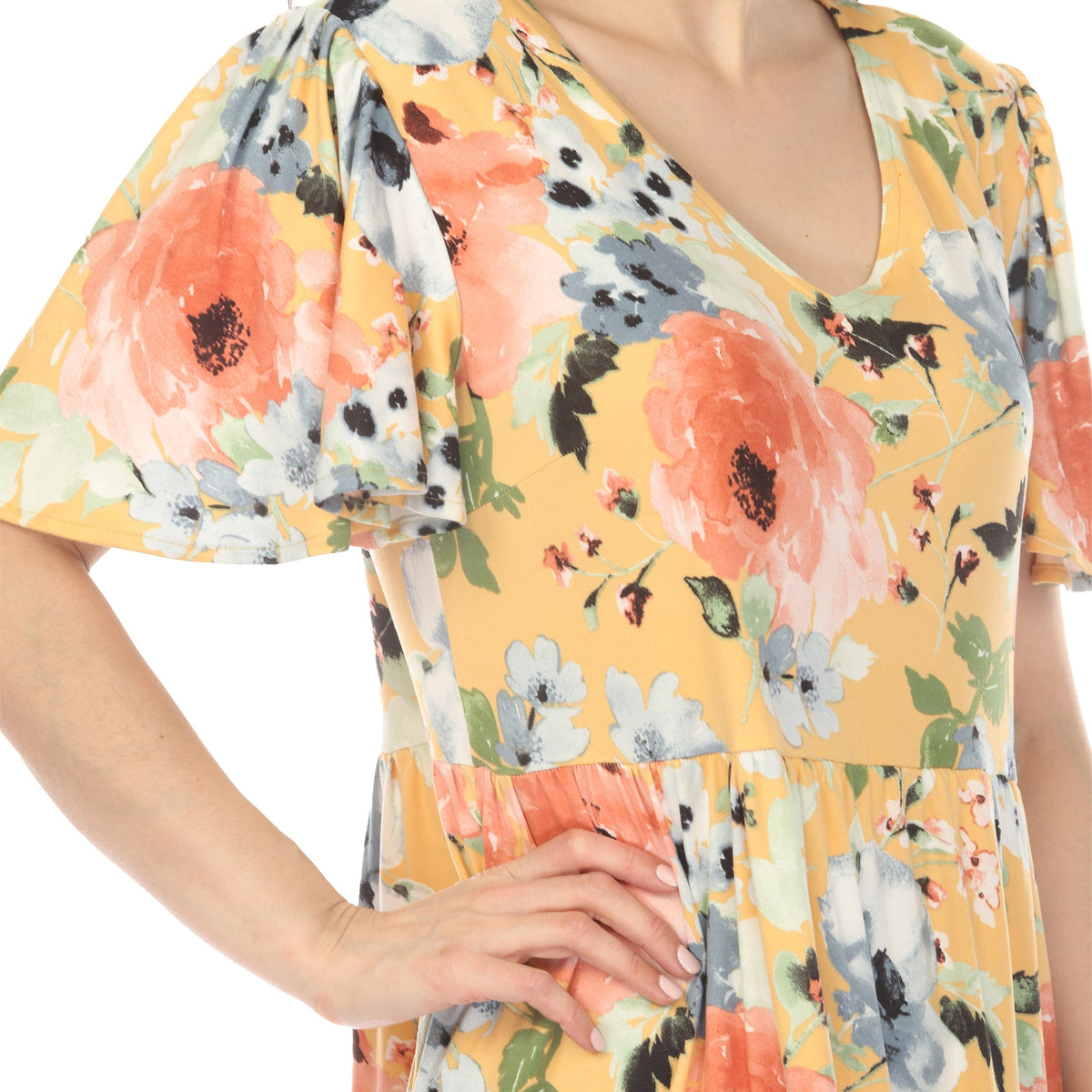 Dressbarn Premium | Women's V-Neck Vintage Floral Short Sleeve Dress - Yellow