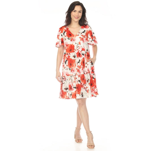 Dressbarn New | Women's V-Neck Vintage Floral Short Sleeve Dress - Red