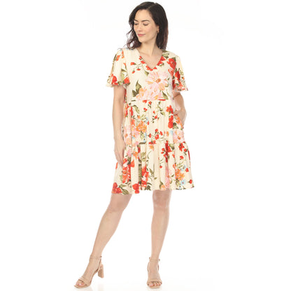Dressbarn Featured | Women's V-Neck Tropical Flower Short Sleeve Dress - Ivory