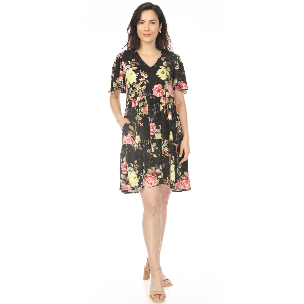 Dressbarn Popular | Women's V-Neck Tropical Flower Short Sleeve Dress - Black