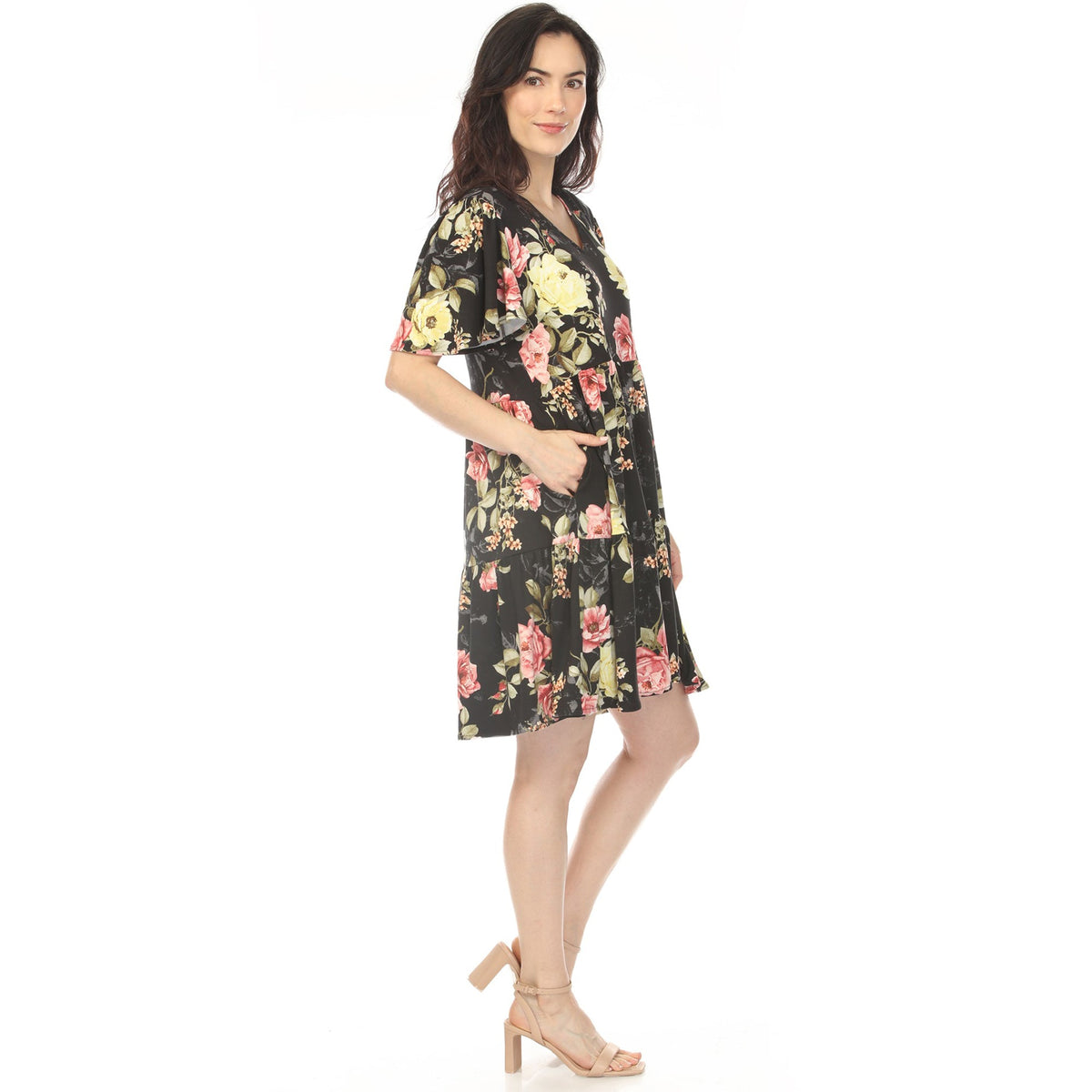 Dressbarn Popular | Women's V-Neck Tropical Flower Short Sleeve Dress - Black