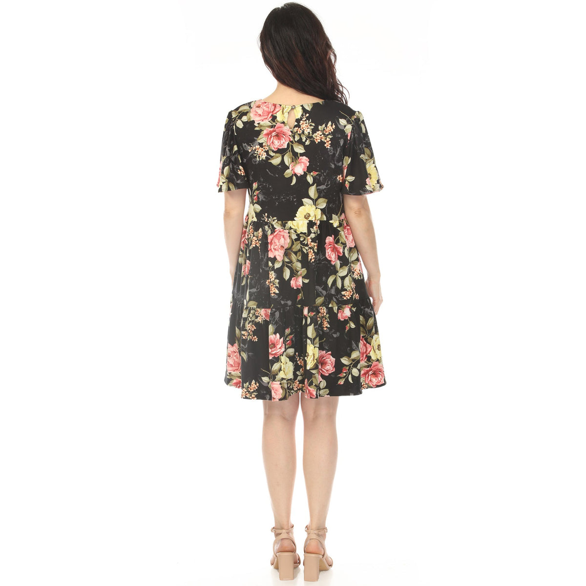 Dressbarn Popular | Women's V-Neck Tropical Flower Short Sleeve Dress - Black
