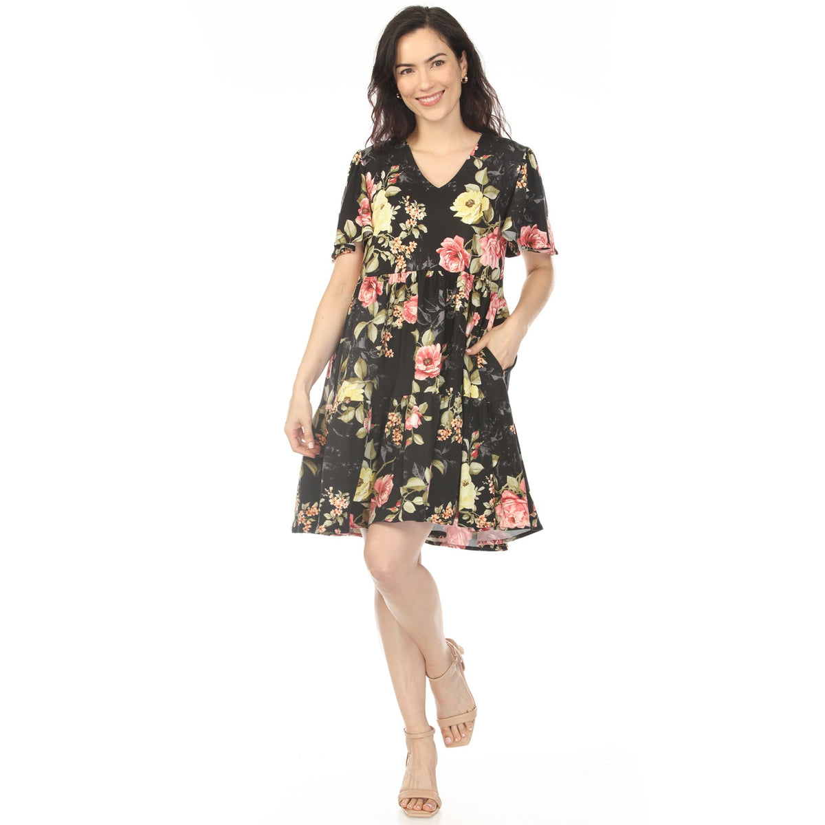 Dressbarn Popular | Women's V-Neck Tropical Flower Short Sleeve Dress - Black