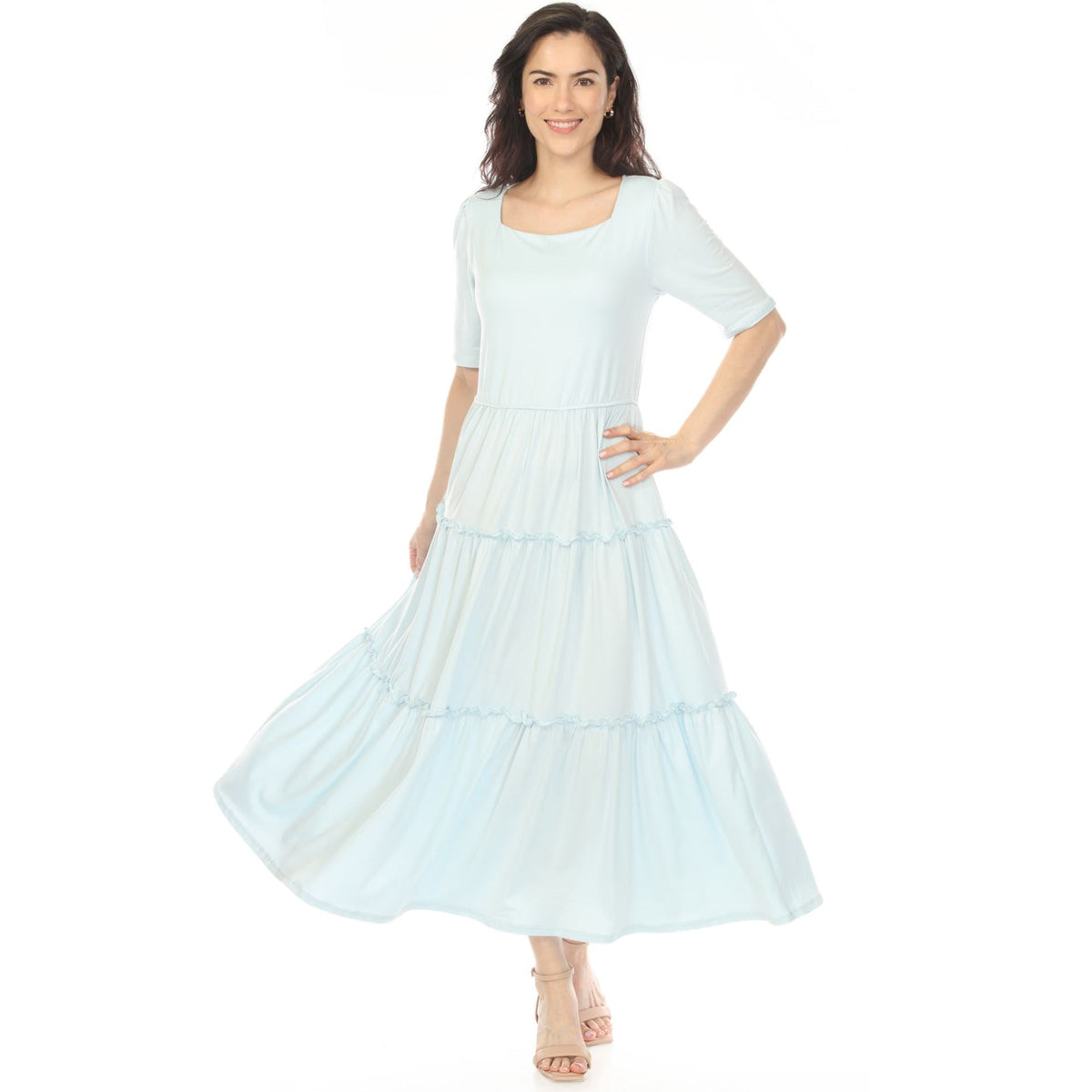 Dressbarn New | Women's Square Neck Short Sleeve Tiered Dress - Dusty Blue