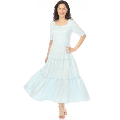 Dressbarn New | Women's Square Neck Short Sleeve Tiered Dress - Dusty Blue