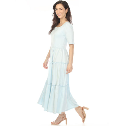 Dressbarn New | Women's Square Neck Short Sleeve Tiered Dress - Dusty Blue