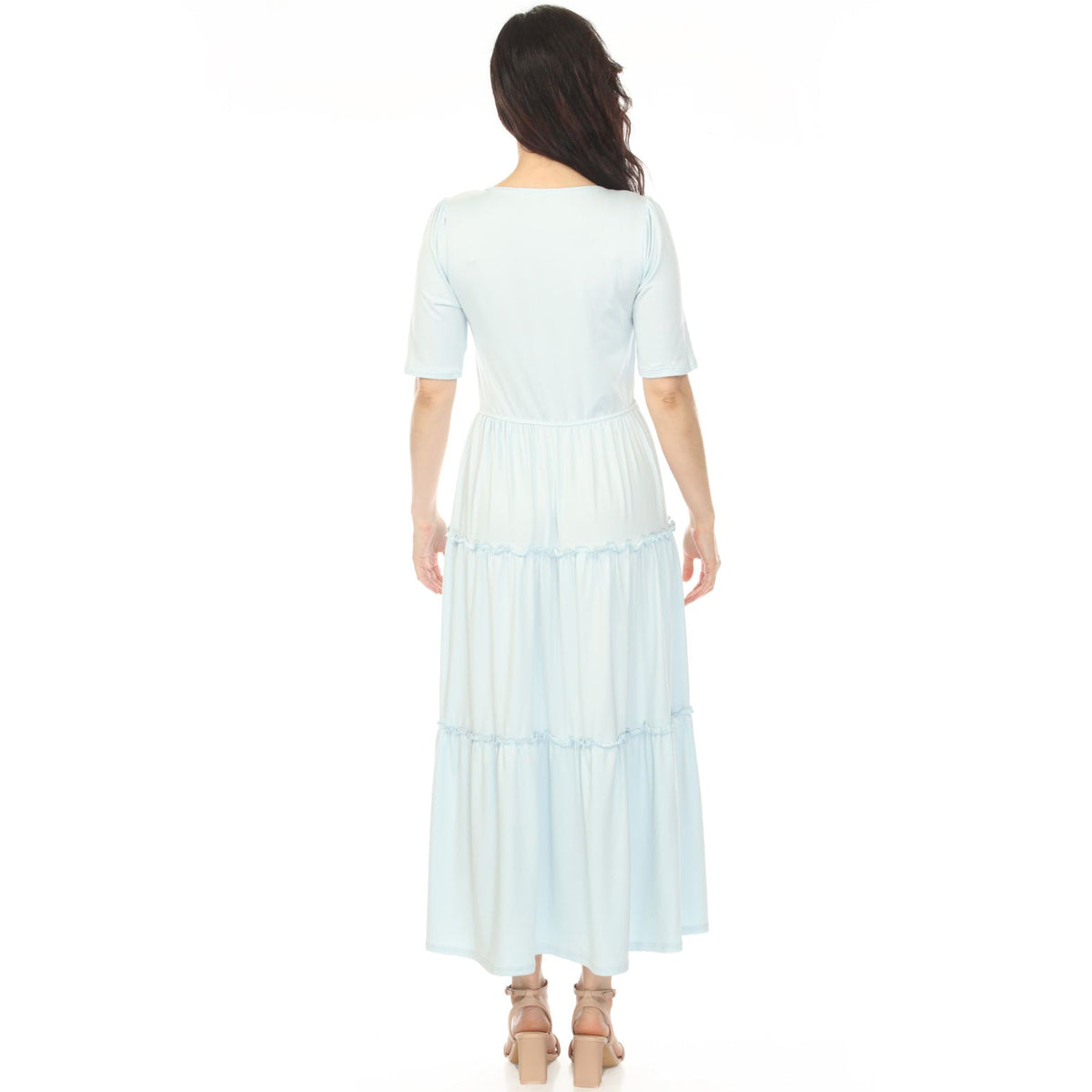 Dressbarn New | Women's Square Neck Short Sleeve Tiered Dress - Dusty Blue
