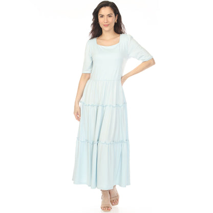 Dressbarn New | Women's Square Neck Short Sleeve Tiered Dress - Dusty Blue