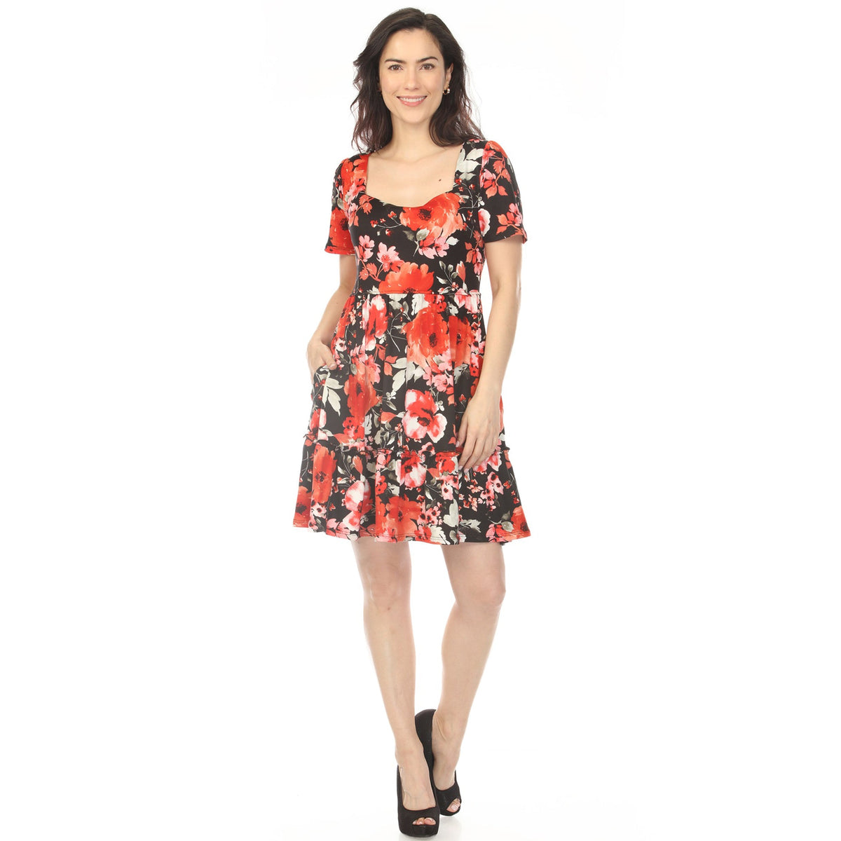 Dressbarn Popular | Women's Square Neck Short Sleeve Floral Dress - Black Red