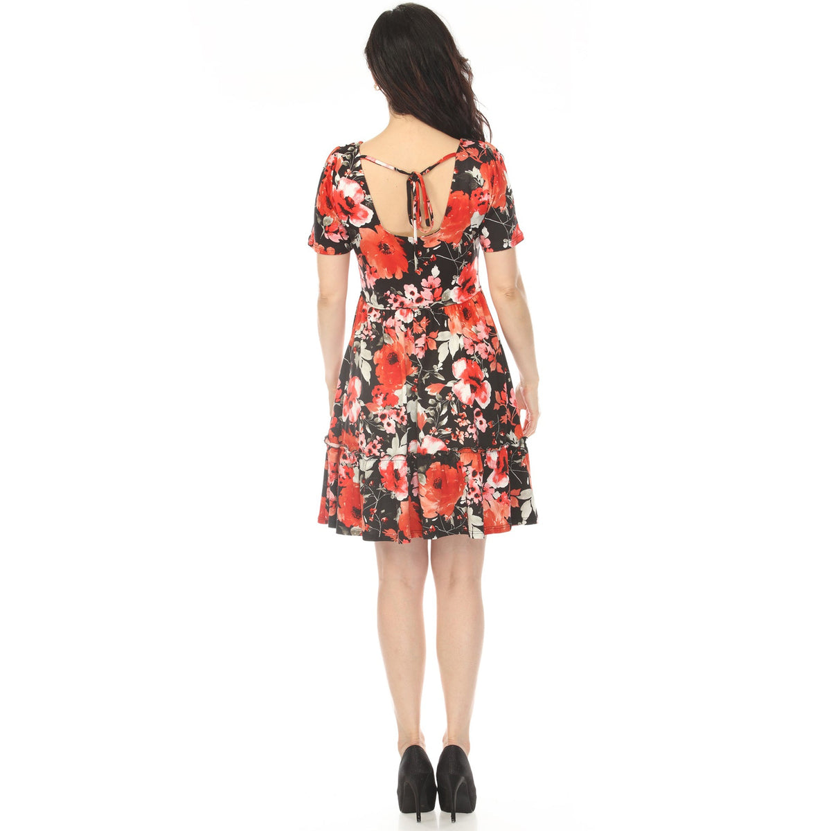 Dressbarn Popular | Women's Square Neck Short Sleeve Floral Dress - Black Red