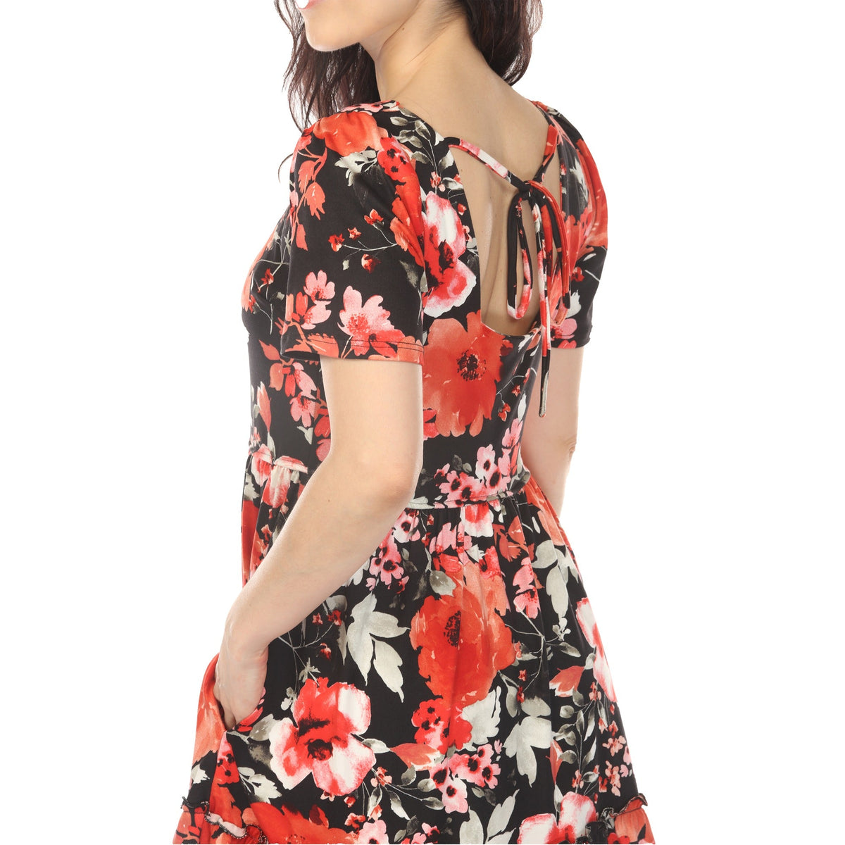 Dressbarn Popular | Women's Square Neck Short Sleeve Floral Dress - Black Red