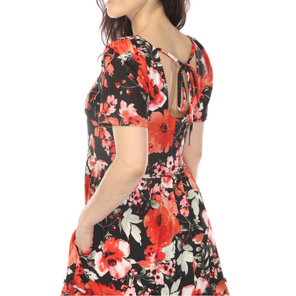 Dressbarn Popular | Women's Square Neck Short Sleeve Floral Dress - Black Red