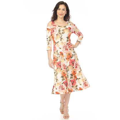 Dressbarn Trending | Women's Cold Shoulder 3/4 Sleeve Dress - Ivory Orange