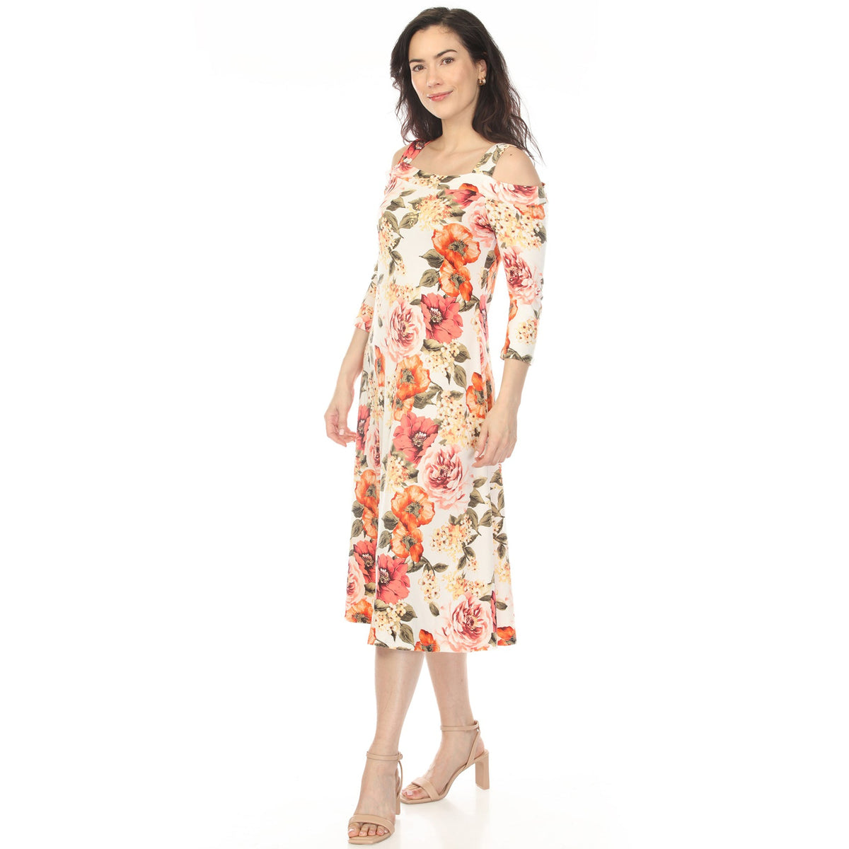 Dressbarn Trending | Women's Cold Shoulder 3/4 Sleeve Dress - Ivory Orange