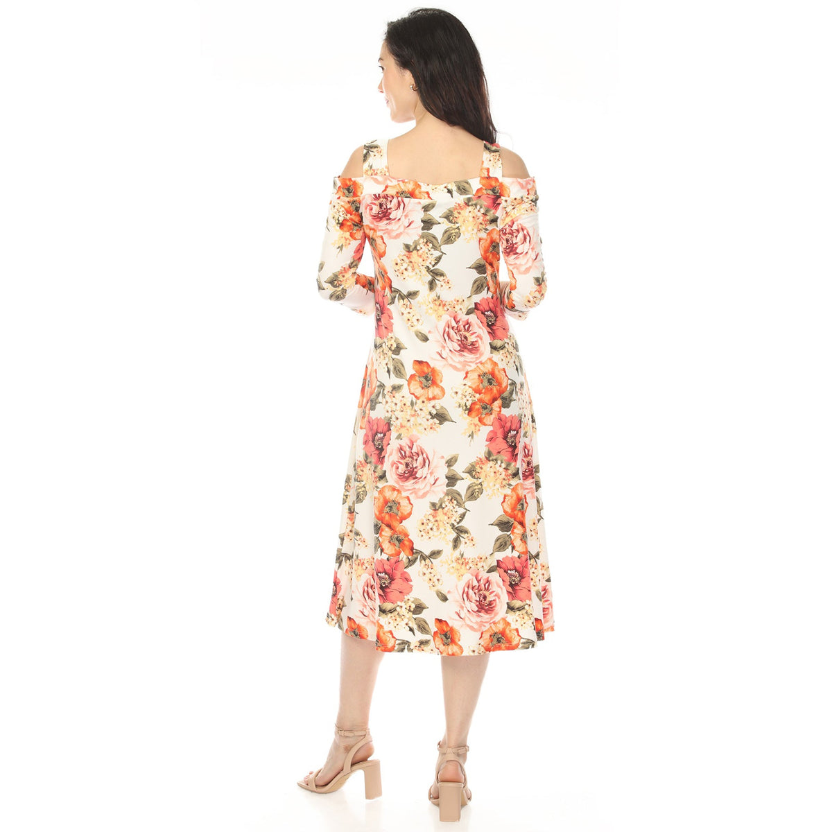 Dressbarn Trending | Women's Cold Shoulder 3/4 Sleeve Dress - Ivory Orange