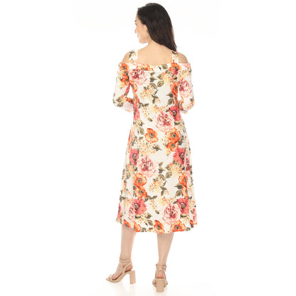Dressbarn Trending | Women's Cold Shoulder 3/4 Sleeve Dress - Ivory Orange