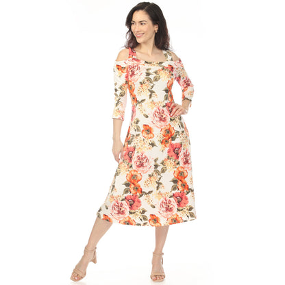 Dressbarn Trending | Women's Cold Shoulder 3/4 Sleeve Dress - Ivory Orange