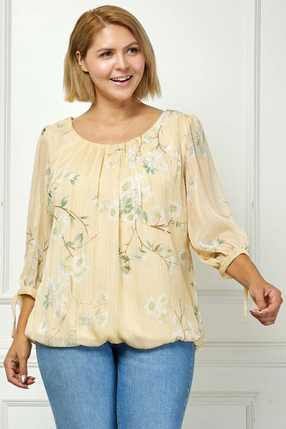 Dressbarn New | 3/4 Tie Sleeve Pleat Neck Bubble Blouse in Yellow - Plus