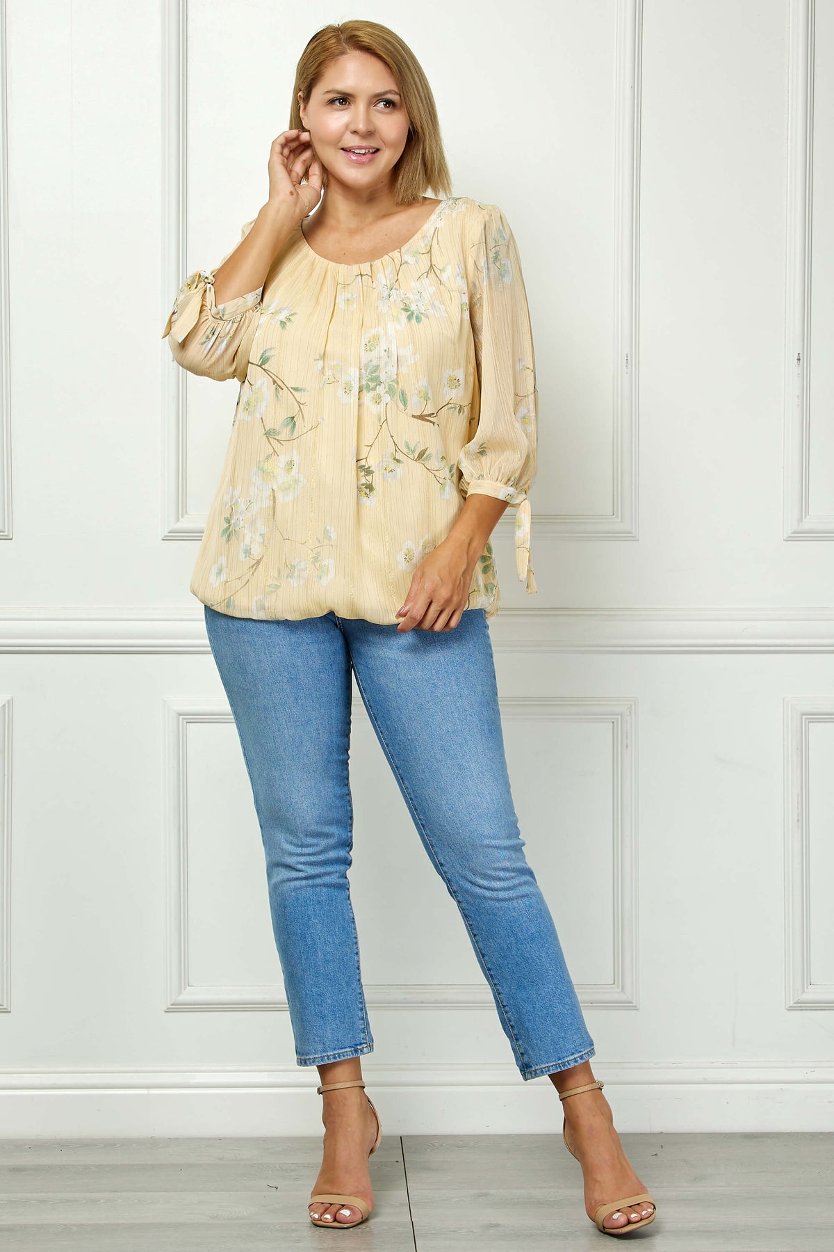 Dressbarn New | 3/4 Tie Sleeve Pleat Neck Bubble Blouse in Yellow - Plus